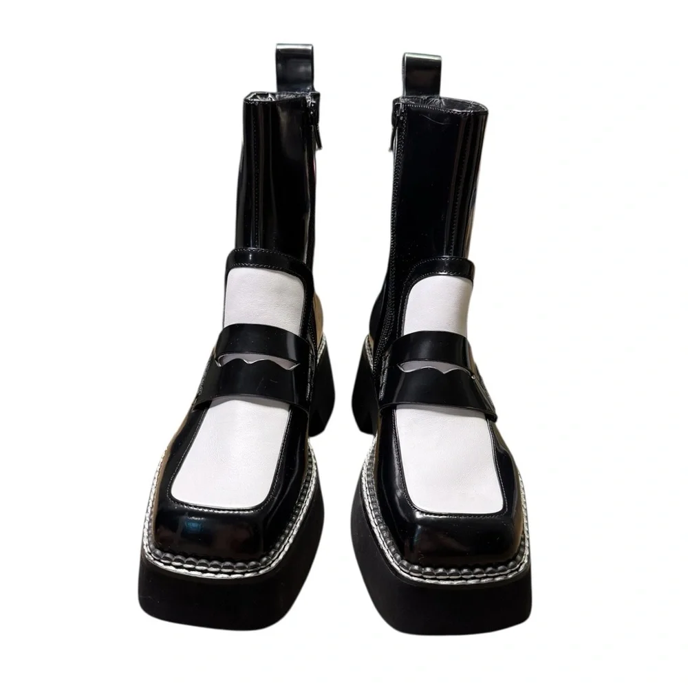 🖤 Jeffrey Campbell Tuxie Bootie 🖤 Black & White Platform Patent Loafer Boots 5.5